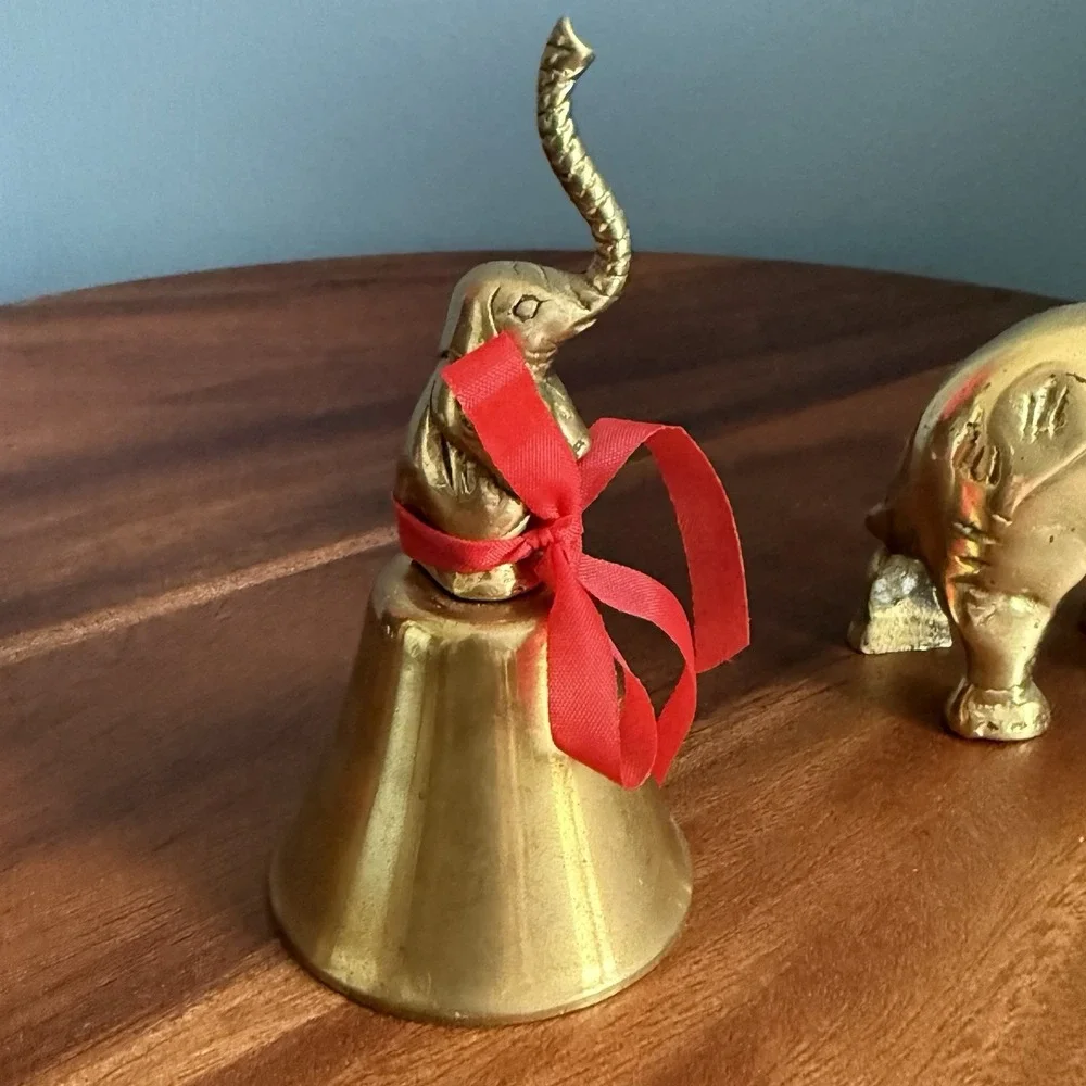 Lot of 2 Vintage Brass Elephants Figurine Bell Lucky Trunk Up Trinkets Mini